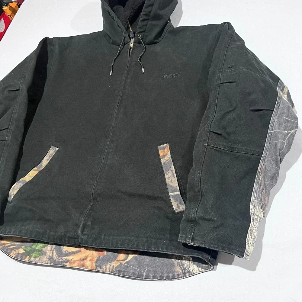 Rocky Mens Black Camo Canvas Sherpa Fleece Hunting Workwear Full Zip Jacket L